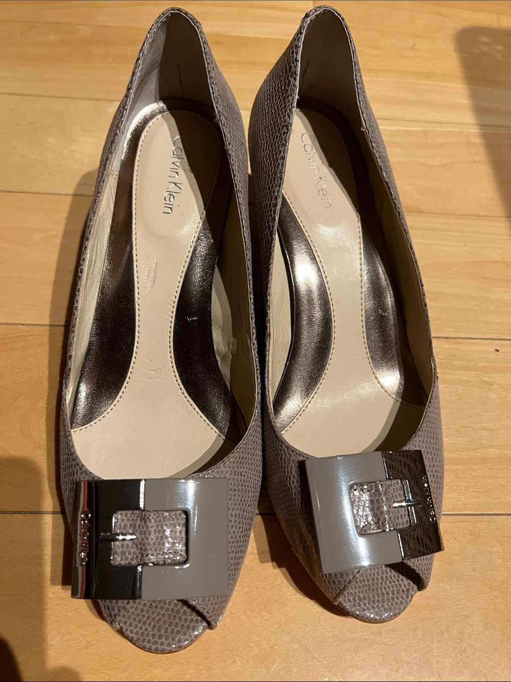 Calvin Klein Taupe Textured Peep-Toe Wedges with Metallic Buckle